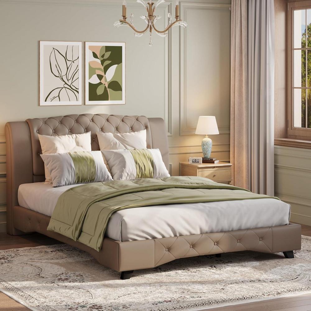 imageChristopher Knight Home Hira Queen Bed Frame with Headboard Queen Size Bed Frame with Button Tufted PU Leather Upholstered Platform Bed Wooden Slats Support No Box Spring Needed BrownBrown
