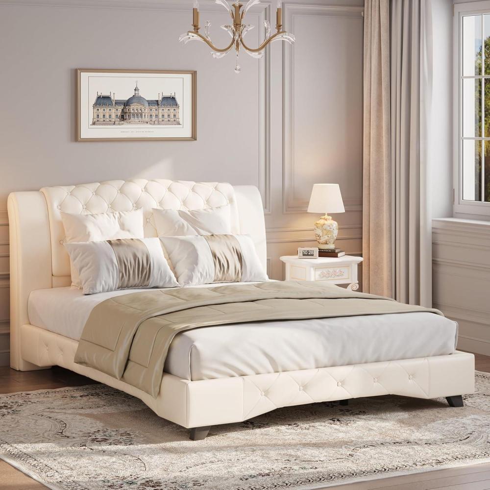 imageChristopher Knight Home Hira Queen Bed Frame with Headboard Queen Size Bed Frame with Button Tufted PU Leather Upholstered Platform Bed Wooden Slats Support No Box Spring Needed BrownBeige