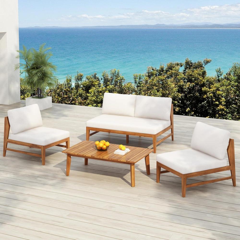 imageChristopher Knight Home Horma 4Piece Acacia Wood Patio Furniture Set Outdoor 4 Seater Armless Conversation Chat Set Patio Loveseat 2 Chairs Group with Coffee Table for Backyard Balcony TeakCream