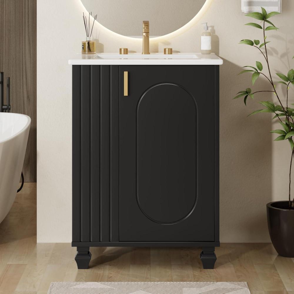 imageChristopher Knight Home Ivan 24quot Bathroom Vanity with Ceramic Sink Freestanding Wooden Bathroom Vanity Organizer Soft Closing Door Modern Bathroom Storage Cabinet with Side Open Shelf BlackBlack
