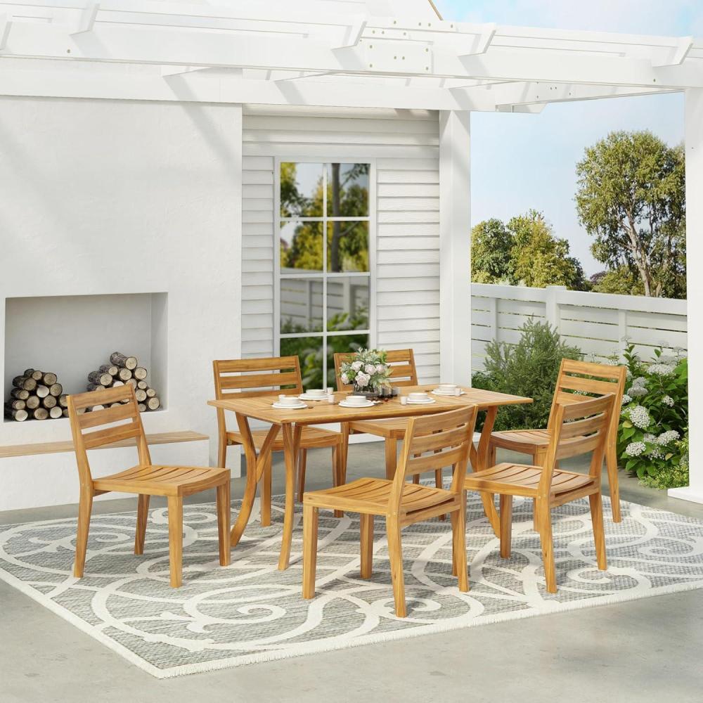 imageChristopher Knight Home Jayme 7 Pieces Dining Set Acacia Wood Dining Chairs Rectangular Wooden Table Open Slats Panel Back Armchair and Table Set Outdoor Wood Frame Bistro Set for Backyard Teak
