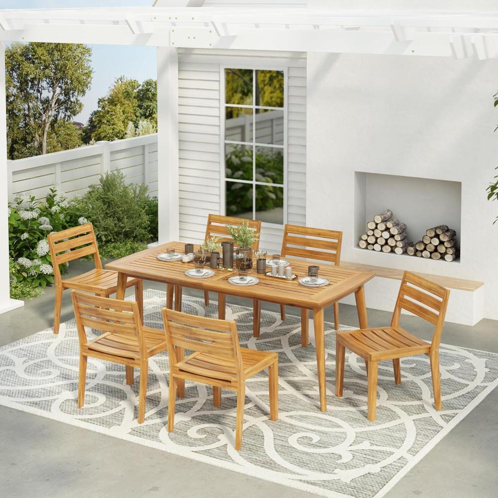 imageChristopher Knight Home Jayme Outdoor 7 Pieces Dining Set Acacia Open Slats Panel Back Armchair and Table Set Wood Dining Chair Rectangular Wooden Table Acacia Wood Bistro Set for Backyard Teak