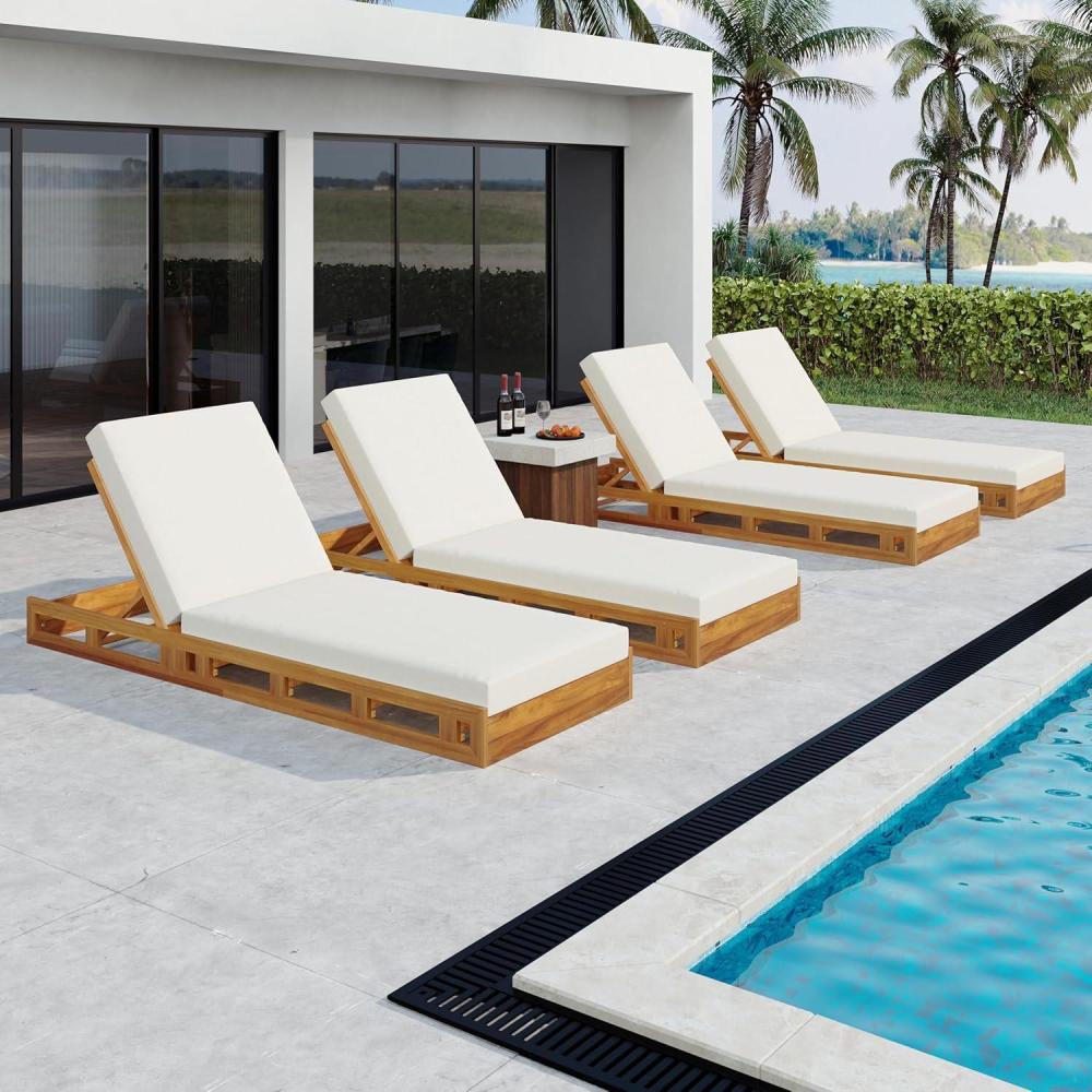 imageChristopher Knight Home Jossie Acacia Wood Chaise Lounge Chair Outdoor Set of 4 Adjustable Backrest Sun Lounger Recliner Patio Outdoor Chaise Lounge with 4quot Thick WaterResistant CushionTeakCream