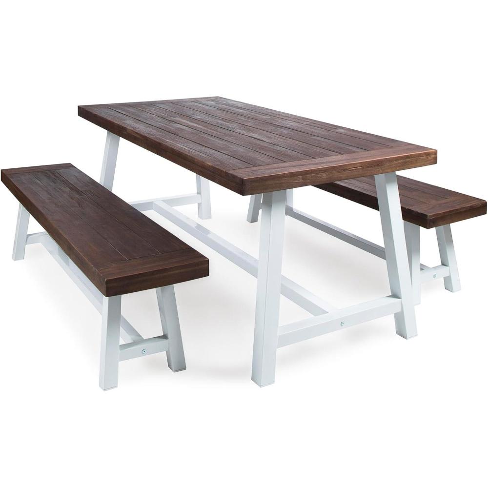 imageChristopher Knight Home Jubilee Modern Industrial 3 Piece Acacia Wood Picnic Dining Set with Benches Sandblasted Dark Brown and White Rustic Metal