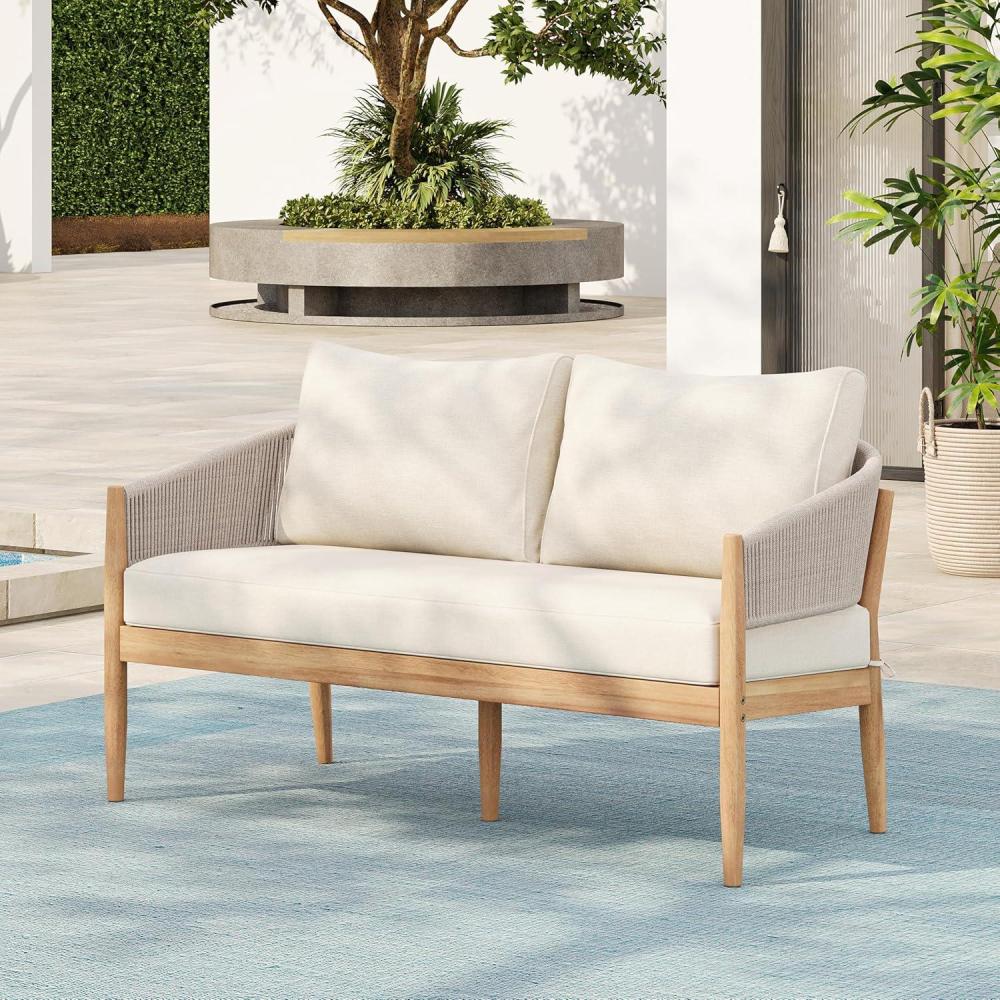 imageChristopher Knight Home Katarina Patio Acacia Wood Loveseat Furniture Outdoor Loveseat Sofa with Comfy Fabric Cushions 2Seater Sofa with Handwoven Rope Backrest for GardenBackyard BlackBeigeLight Brownbeige