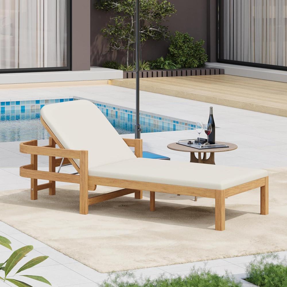 imageChristopher Knight Home Kayas Acacia Wood Chaise Lounge with Adjustable Backrest 775quot Outdoor Sun Lounger with Cushion Modern Patio Lounger Recliner Chair for Poolside Lawn Light TeakGray 1PCSLight Teakcream 1pcs