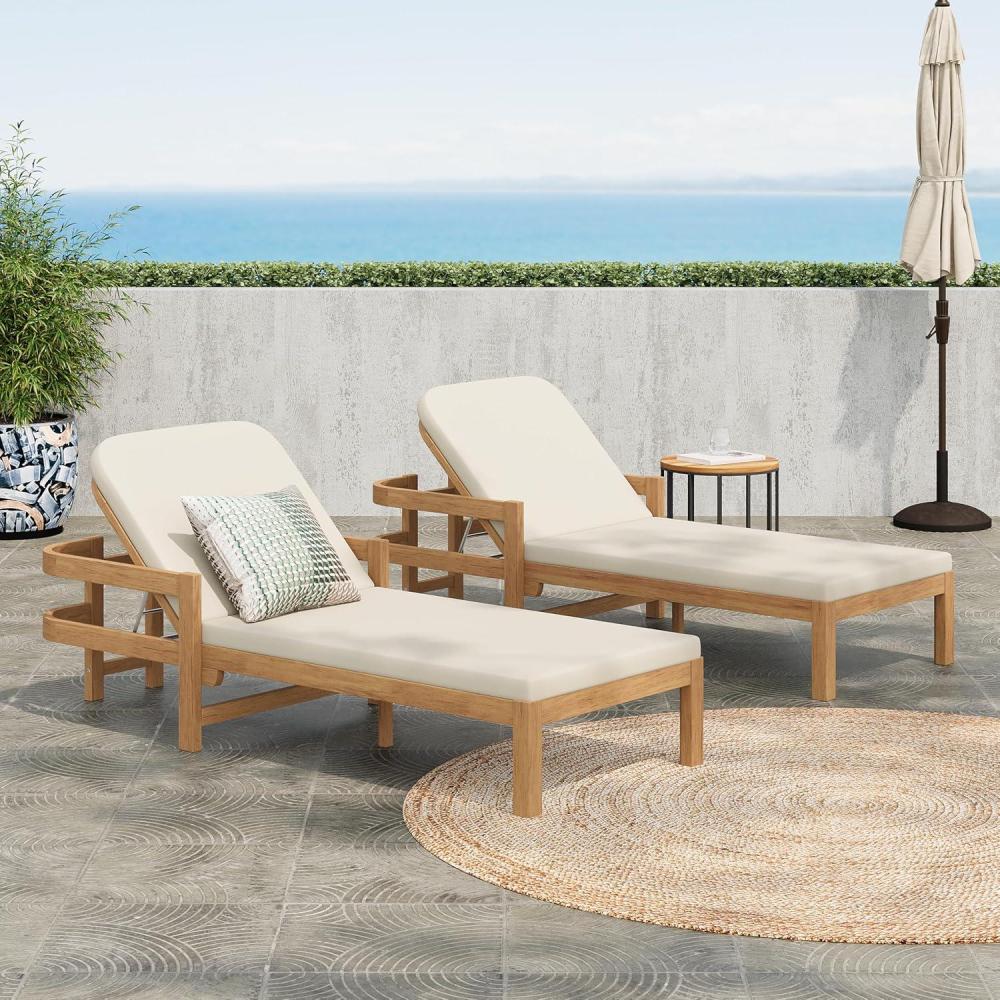 imageChristopher Knight Home Kayas Acacia Wood Chaise Lounge with Adjustable Backrest 775quot Outdoor Sun Lounger with Cushion Patio Lounger Recliner Chair for Poolside Lawn Light TeakCream Set of 2Light Teakcream Set of 2