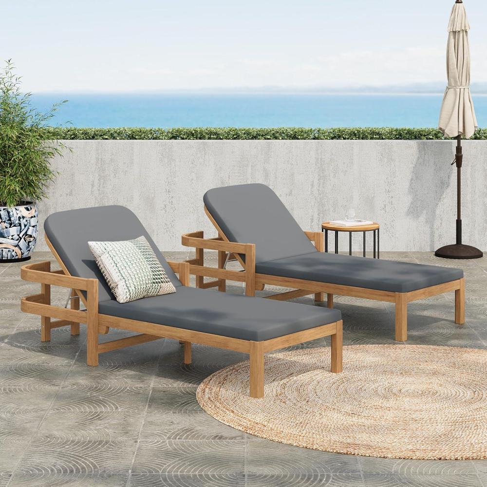 imageChristopher Knight Home Kayas Acacia Wood Chaise Lounge with Adjustable Backrest 775quot Outdoor Sun Lounger with Cushion Patio Lounger Recliner Chair for Poolside Lawn Light TeakCream Set of 2Light Teakgray Set of 2