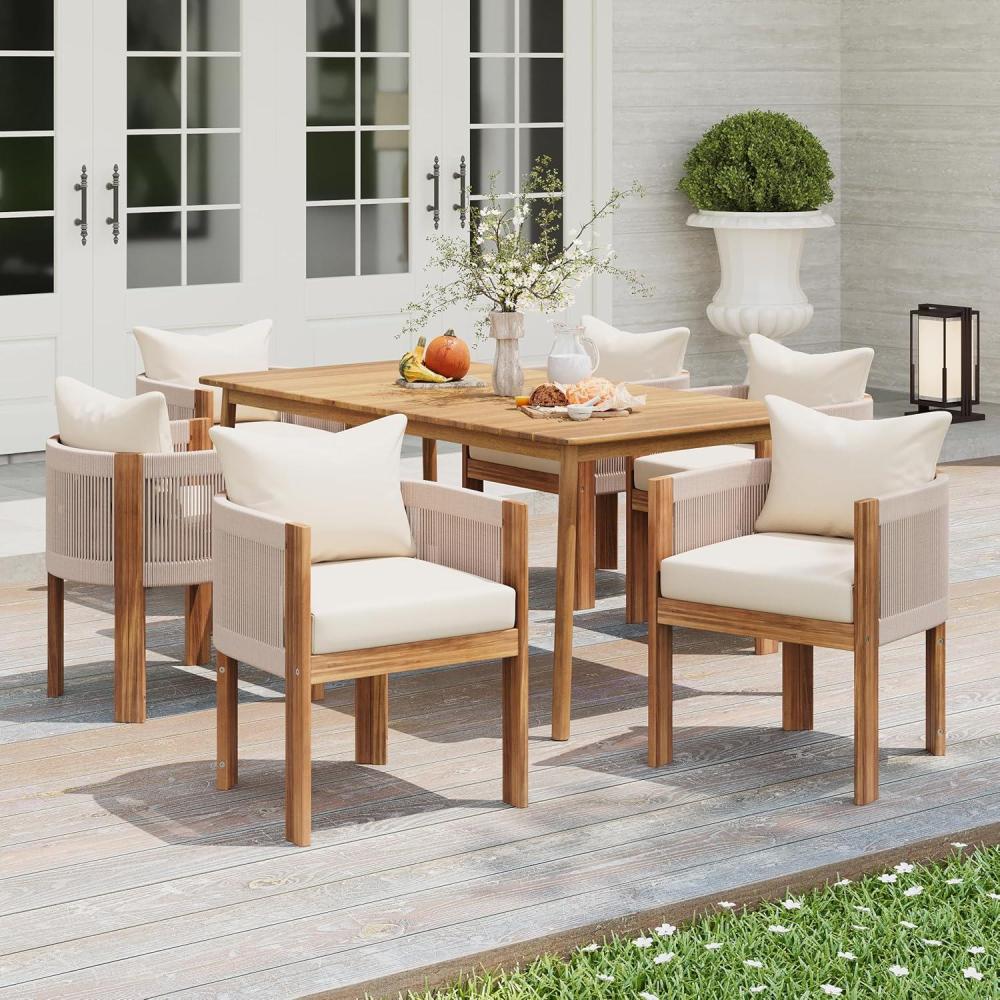 imageChristopher Knight Home Kclent Outdoor Acacia Wood Dining Set for 6 Patio Table ampamp Chairs with Angled Rope Arm Removable Cushions 7 Piece Patio Dinner Set for Backyard Deck Teak BeigeTeak Beige curved Arm