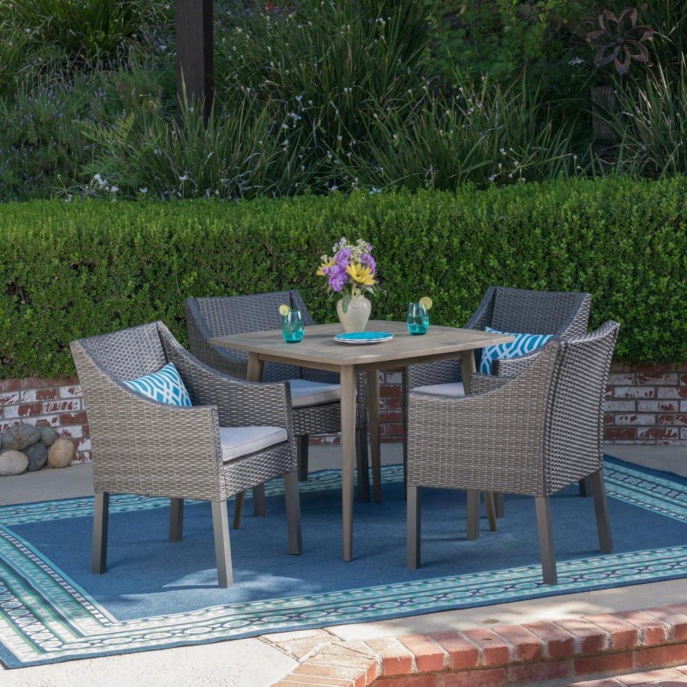 imageChristopher Knight Home Keen Outdoor 5 Piece Wood and Wicker Dining Set Gray FinishGray