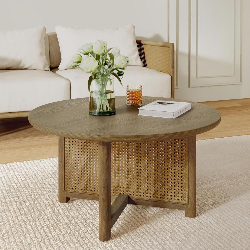 imageChristopher Knight Home Kiaya Round Coffee Table with PE Woven Design Wood Coffee Tables for Living Room Stylish Indoor Round Table Easy Assembly Versatile Living Room Furniture Natural Brown