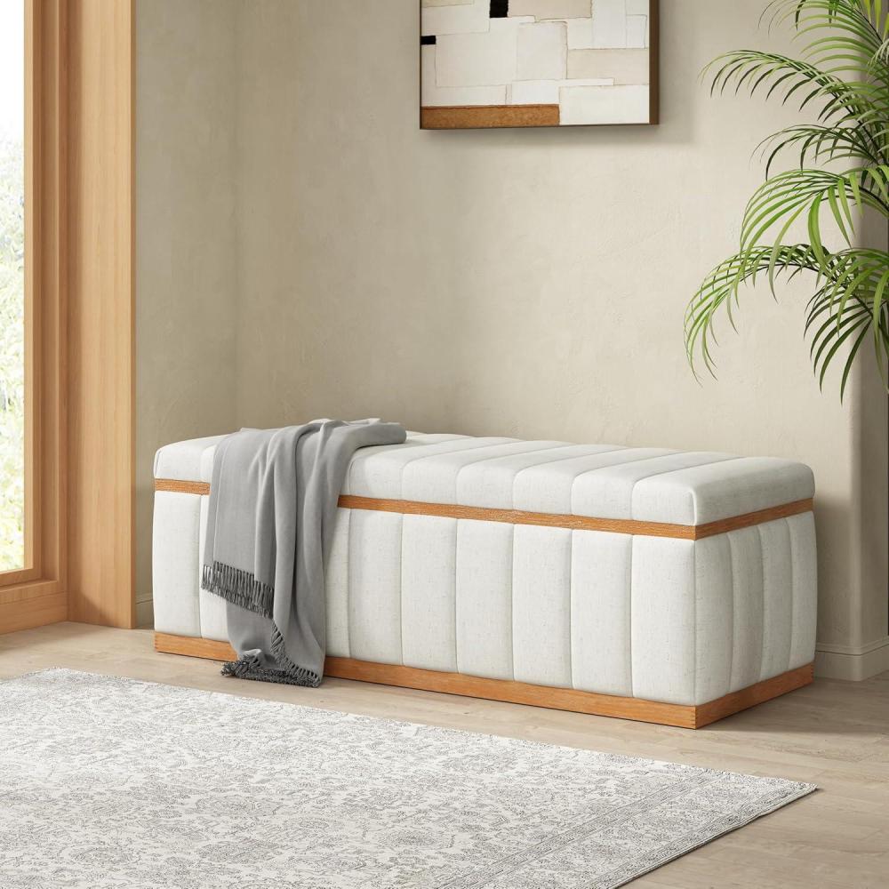 imageChristopher Knight Home Kira Living Room Ottoman with Storage Linen Upholstered Storage Ottoman Bench with ChannelTufted Design Wood Frame Sofa Foot Stool Bedroom End of Bed Bench Beige
