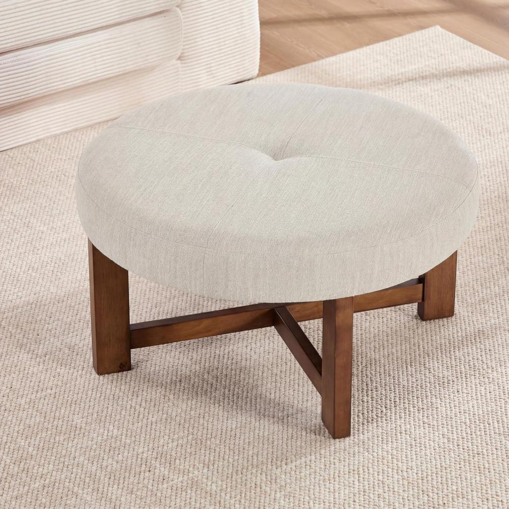 imageChristopher Knight Home Ladin Modern Round Ottoman Coffee Table Faux Leather Cocktail Ottoman for Living Room Sofa Entryway Comfortable Footstool Wooden Ottoman Foot Rest Dark BrownWalnutBeigebrown