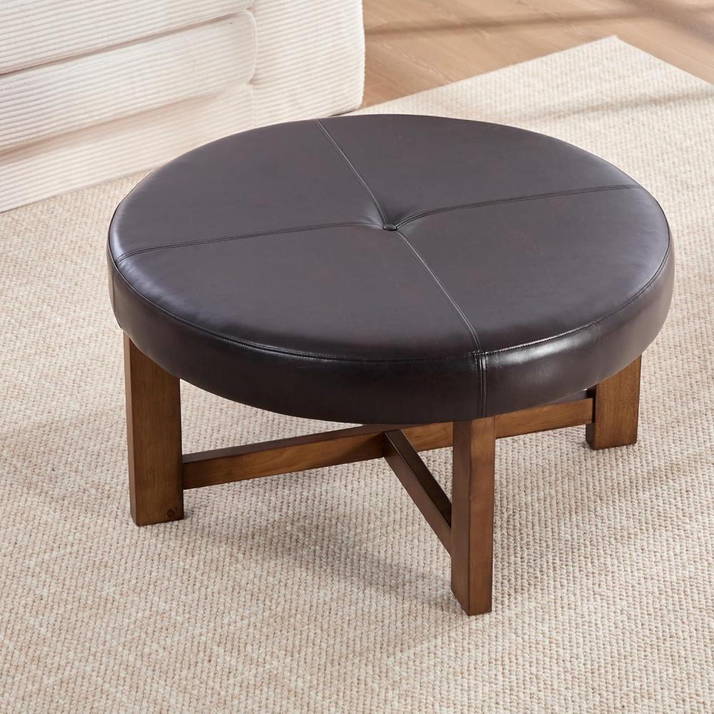 imageChristopher Knight Home Ladin Modern Round Ottoman Coffee Table Faux Leather Cocktail Ottoman for Living Room Sofa Entryway Comfortable Footstool Wooden Ottoman Foot Rest Dark BrownWalnutDark Brownwalnut