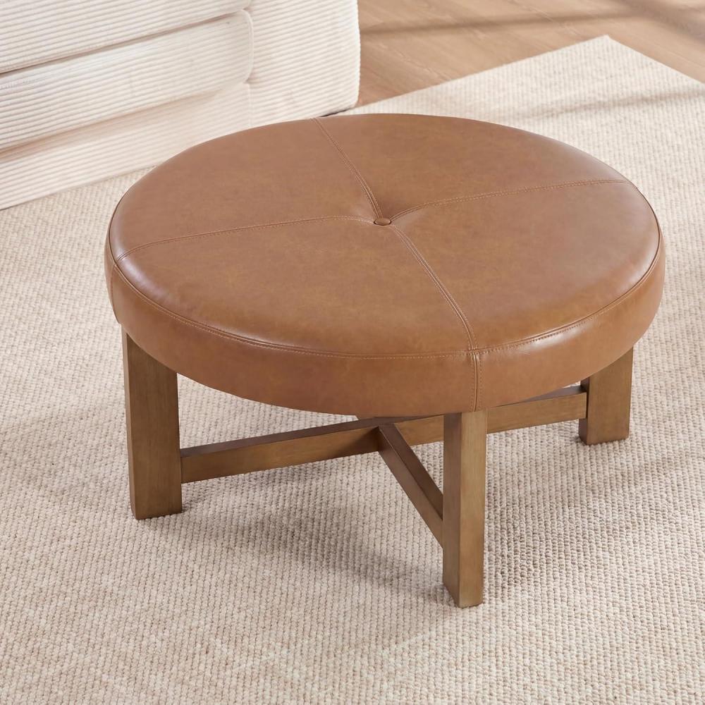 imageChristopher Knight Home Ladin Modern Round Ottoman Coffee Table Faux Leather Cocktail Ottoman for Living Room Sofa Entryway Comfortable Footstool Wooden Ottoman Foot Rest Dark BrownWalnutLight Brownwalnut