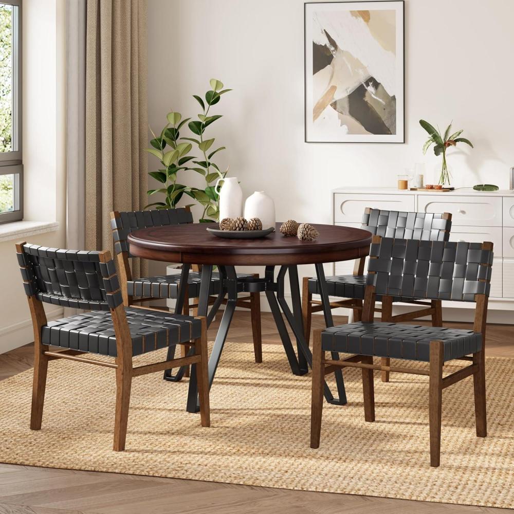 imageChristopher Knight Home Lakka 5 Piece Wooden Dining Table Set for 4 Faux Leather Upholstered Dining Chairs Set of 4 and Table Set Round Dining Table and Chair Set for HomeApartmentBlackDark BrownBlackdark Brown