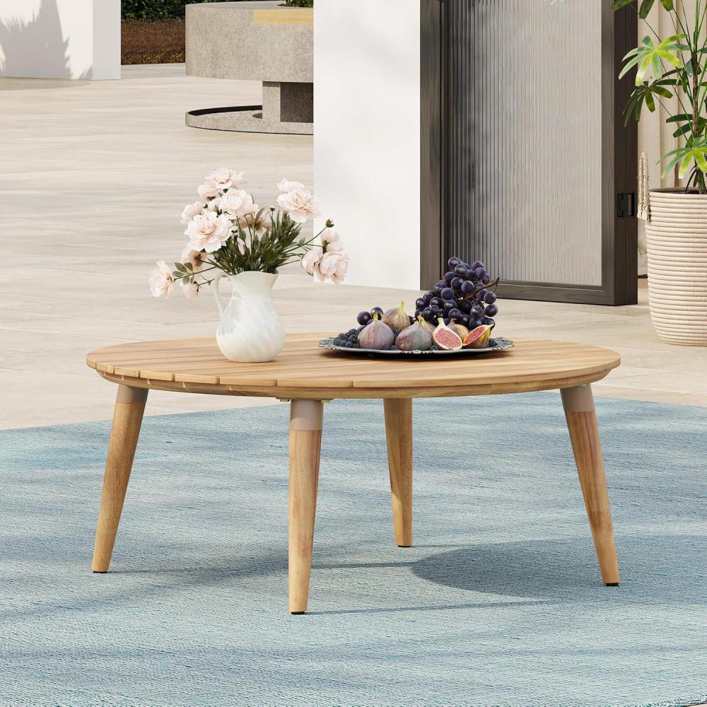 imageChristopher Knight Home Lalina Outdoor Coffee Table Acacia Wood Accent Table with Slatted Panel Design Round Patio Table for Garden Porch Balcony Low Maintenance Outdoor Furniture Natural