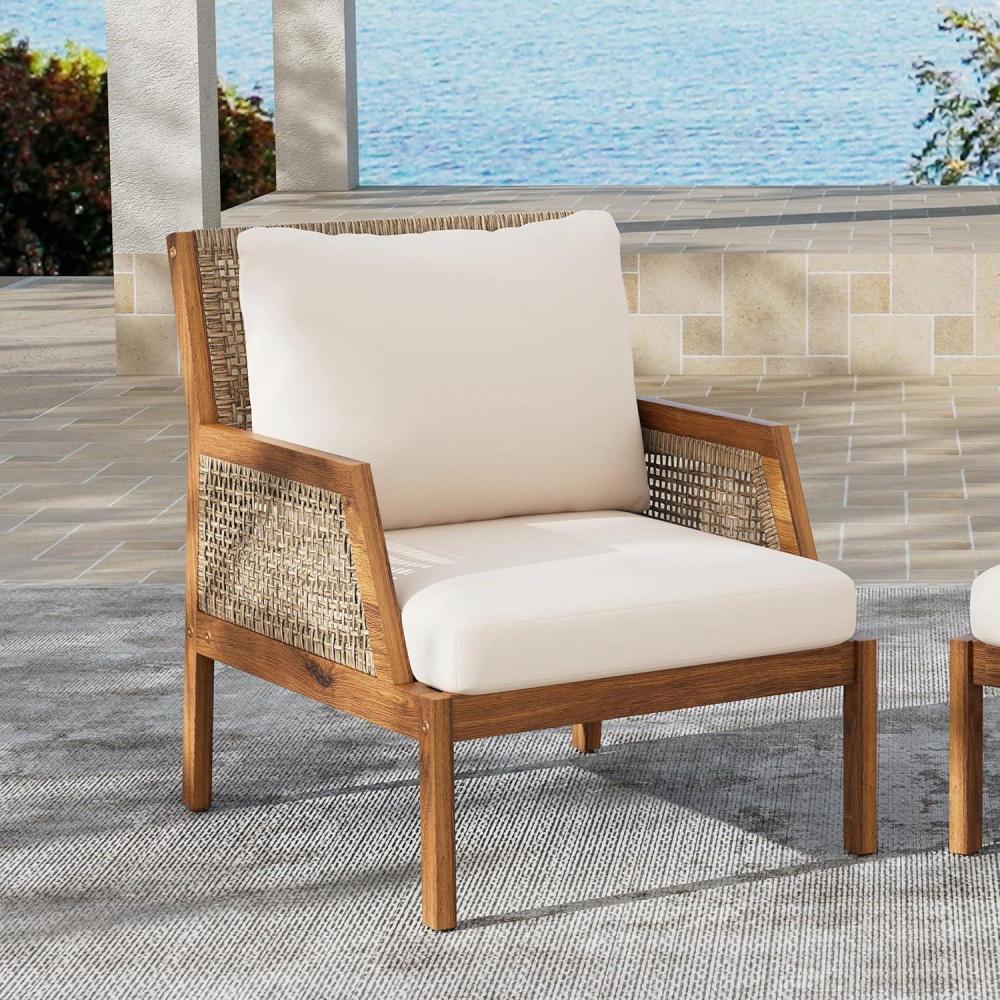 imageChristopher Knight Home Lena Patio Accent Chair Acacia Wood Club Chair Wicker Backrest Armchair Upholstered Cushion Seating Wooden Chairs for Balcony Backyard Garden 235quot 400lbs TeakCream