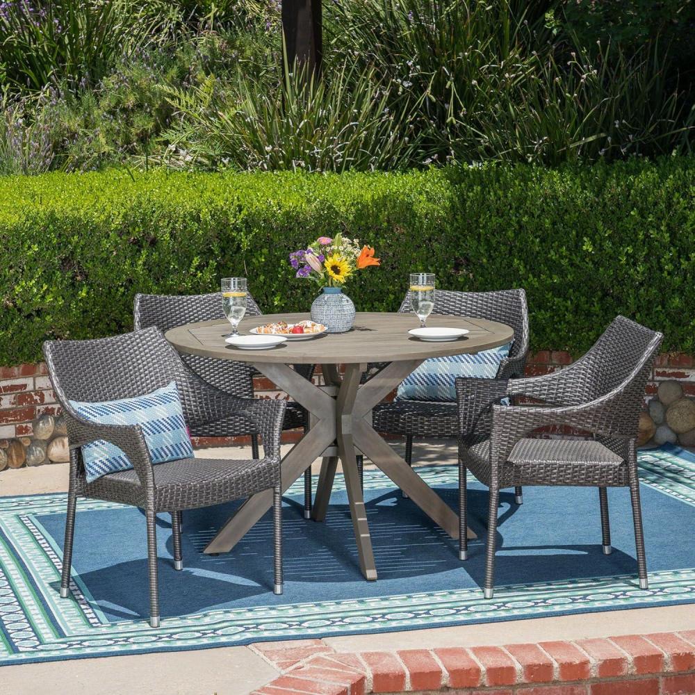 imageChristopher Knight Home Lina Outdoor 5 Piece Wood and Wicker Dining Set Gray FinishGray