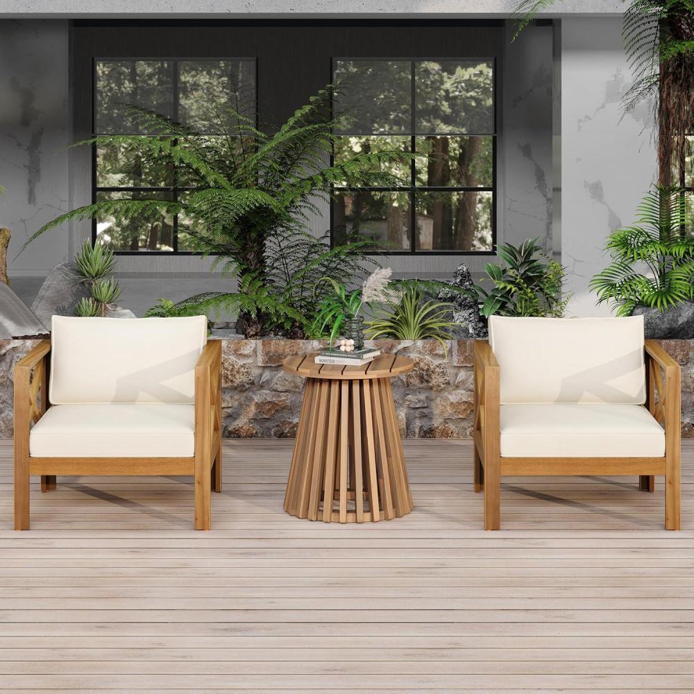imageChristopher Knight Home Lucy Acacia Wood Outdoor Patio Furniture Set 3 Pieces Patio Set Round Side Table and ArmChairs Conversation Set with Cushion for Garden Lawn Balcony Dark Gray  Light TeakBeige  Light Teak