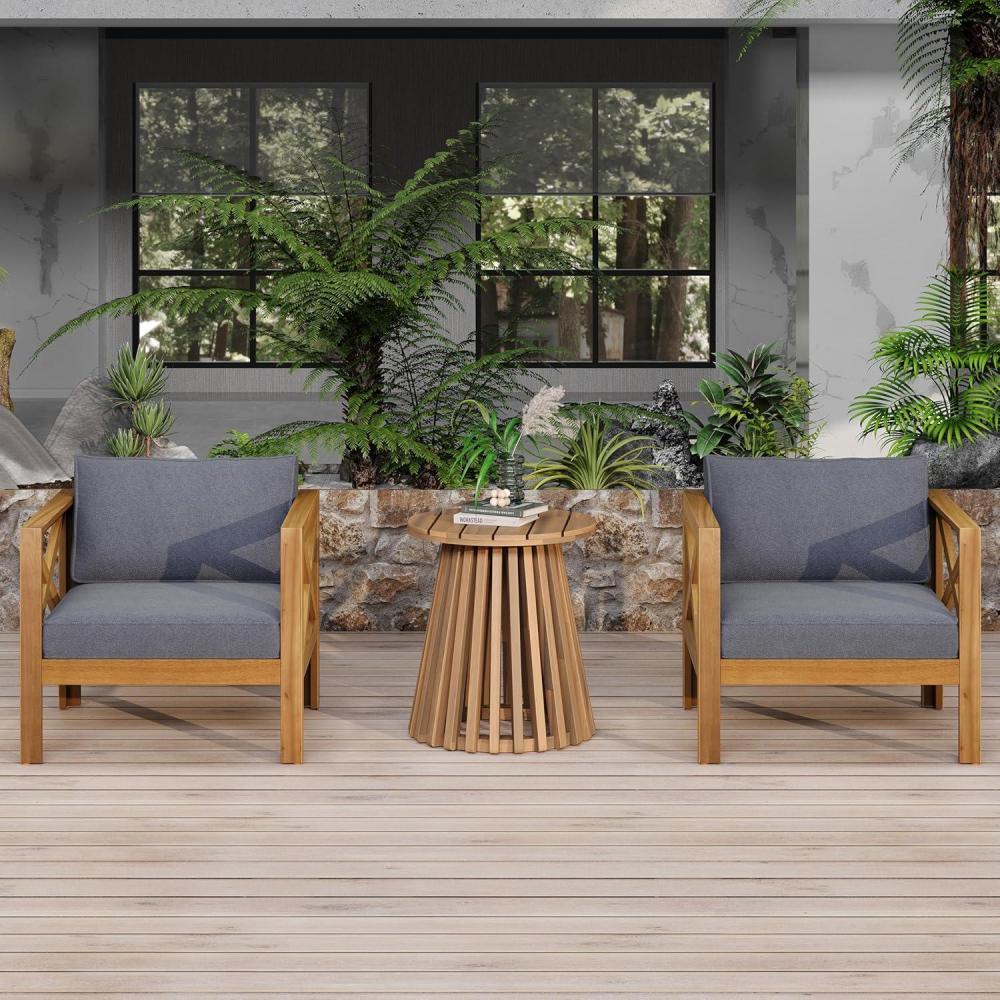 imageChristopher Knight Home Lucy Acacia Wood Outdoor Patio Furniture Set 3 Pieces Patio Set Round Side Table and ArmChairs Conversation Set with Cushion for Garden Lawn Balcony Dark Gray  Light TeakDark Gray  Light Teak