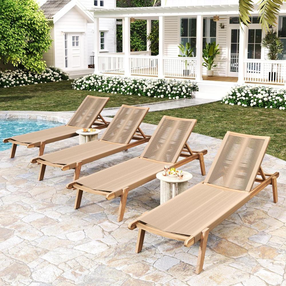imageChristopher Knight Home Lurelala Set of 4 Outdoor Patio Wood Adjustable Chaise Lounges with Rope Seating Rope Chaise Lounge with Acacia Wood Frame Chaise Lounge for Poolside Balcony TeakBeige