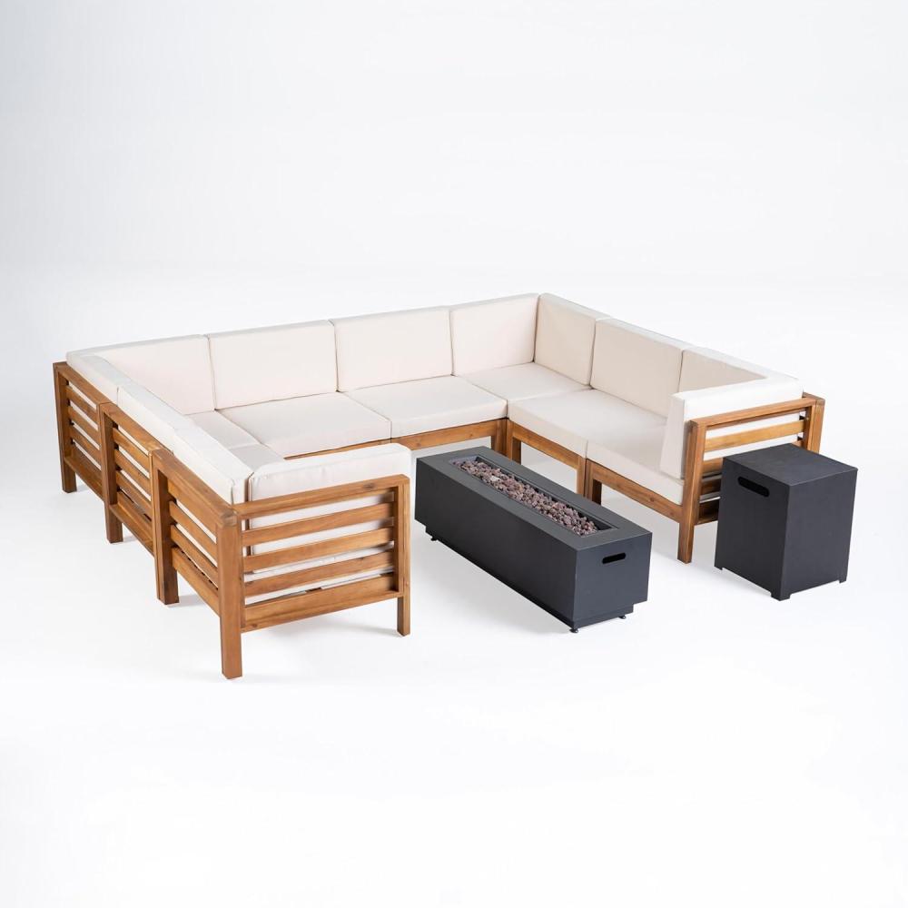 imageChristopher Knight Home Maliwi Outdoor UShaped Acacia Wood 8Seater Sectional Conversation Set with Fire Pit and Water Resistant Cushions 11650 quotW x 8850 quotD x 265 quotH Teak  Beige  Dark Gray