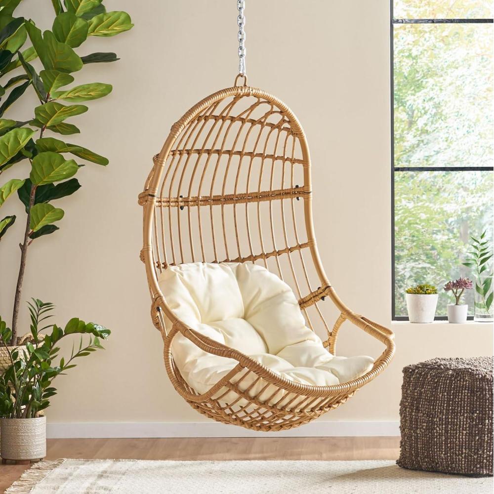 imageChristopher Knight Home Mariah Wicker Hanging Chair with Cushion Outdoor Indoor Basket Chair Boho Garden Lounger Porch Swing Furniture Modern Patio Decor Light Brown and Beige