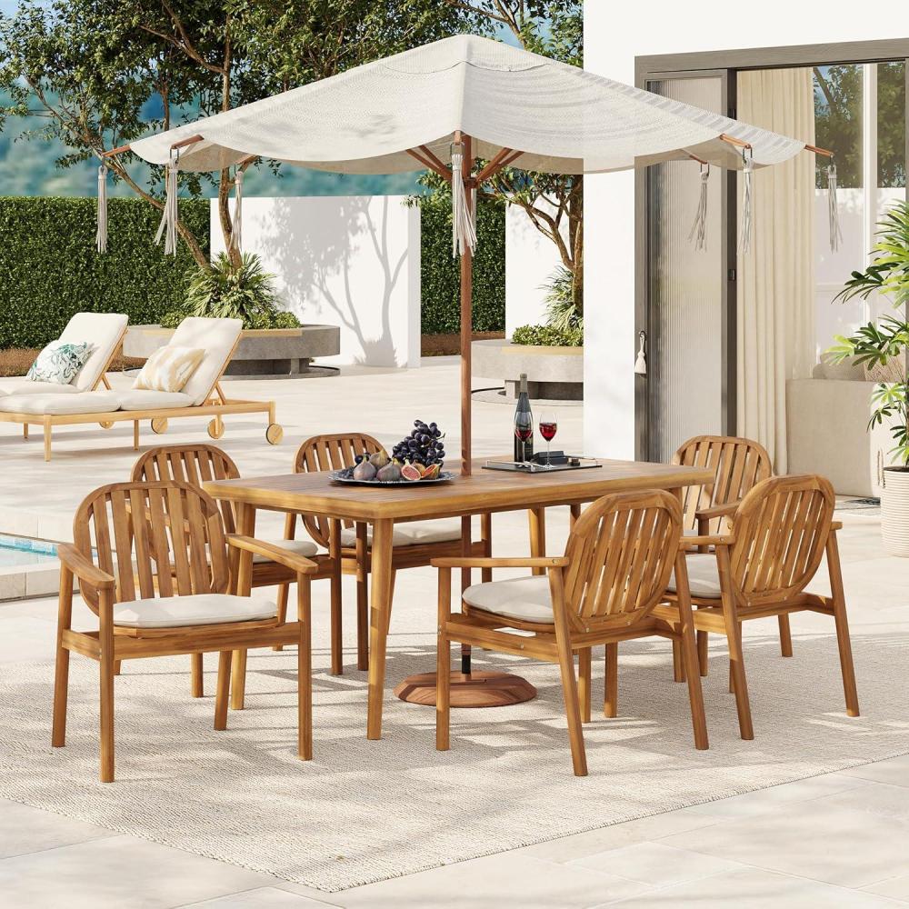imageChristopher Knight Home Meja Acacia Wood Outdoor Dining Set for 6 Wooden 7 Piece Patio Dining Table Set Wooden Outdoor Dining Armchair and Table Set with Cushion Patio Furniture Set TeakBeige