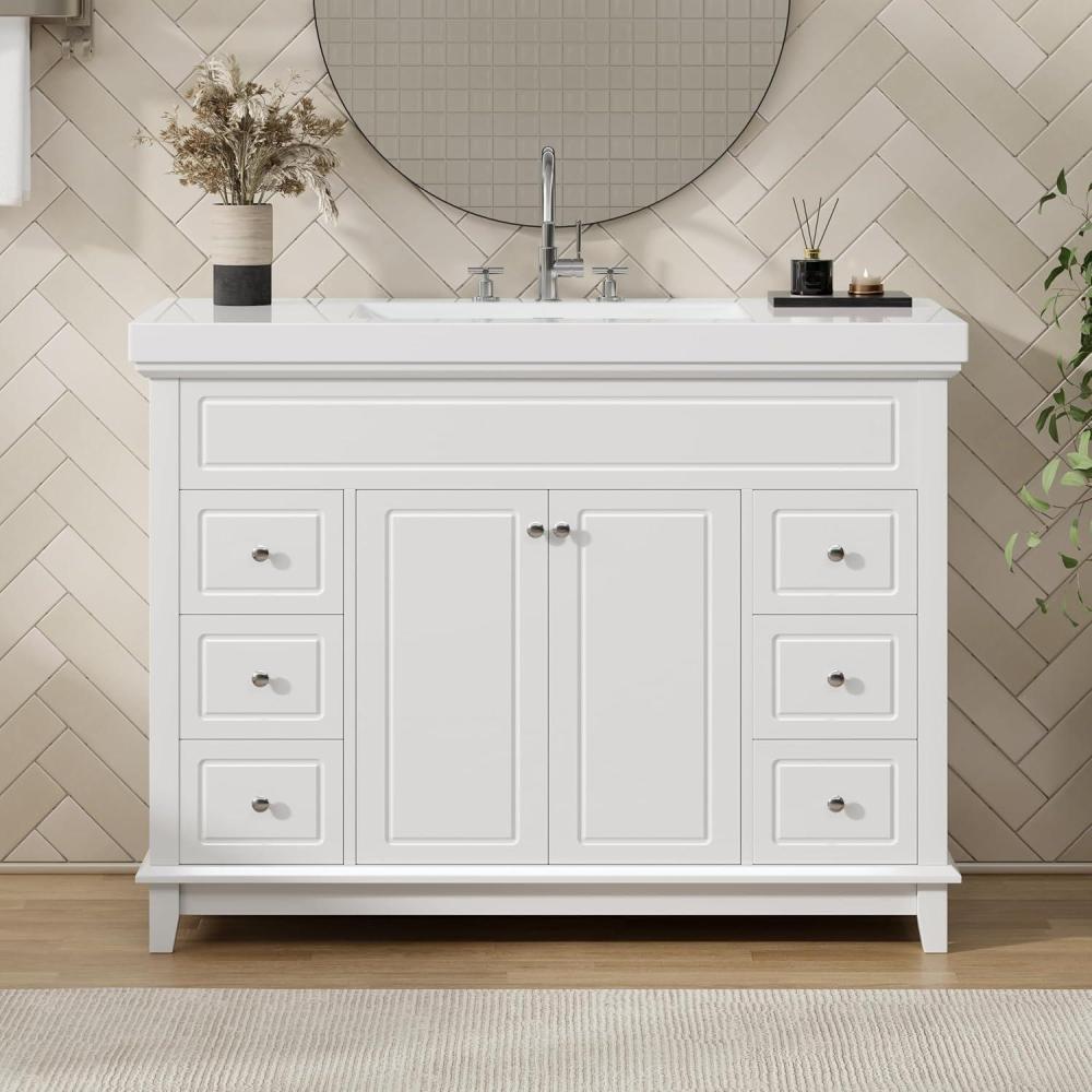 imageChristopher Knight Home Meril 4725quot Bathroom Vanity with Resin Sink Bathroom Vanity Storage Cabinet with Sink SoftClose 6 Drawers and 2 Doors with 2Tier Shelves Pinewood Leg Freestanding White4725