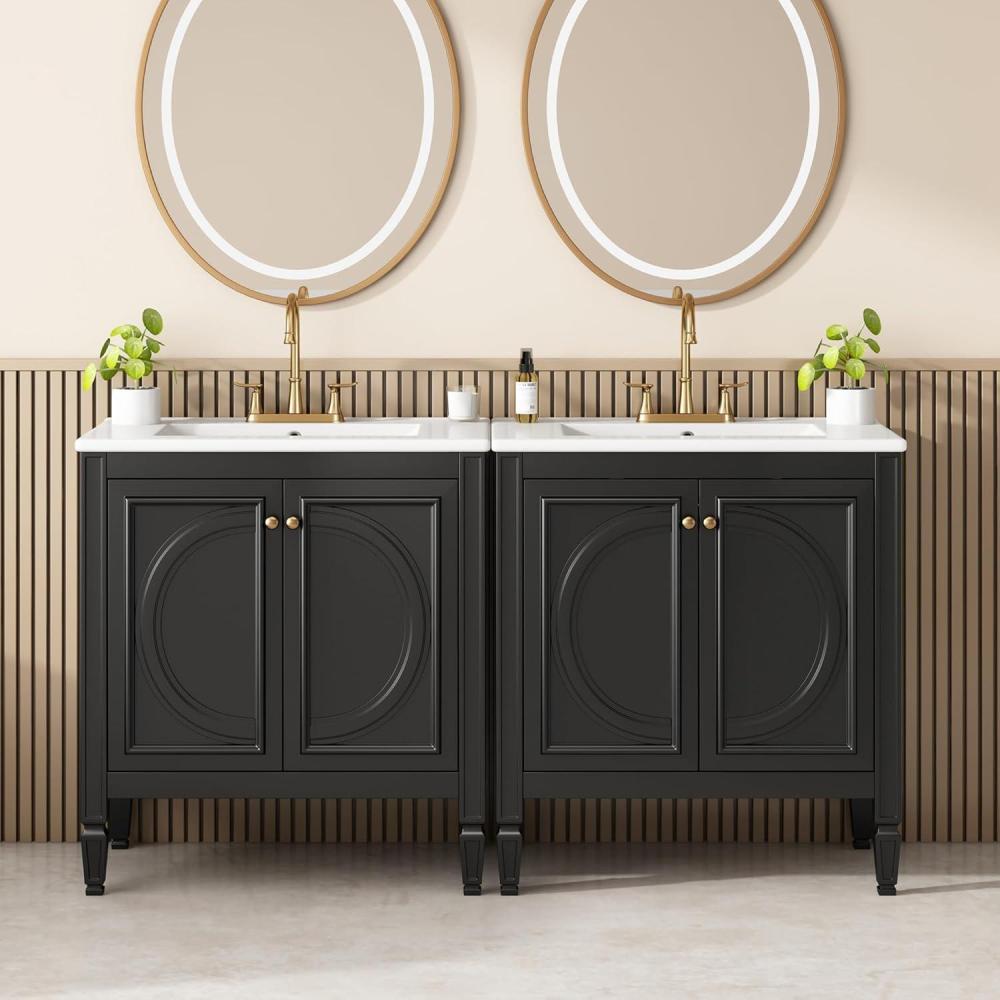 imageChristopher Knight Home Meril Bathroom Vanity Cabinets with Sinks Set of 2 Double Sink Combo Set Bathroom Vanity SoftClose Door with Storage Shelves and Drawers Side Storage Shelves GreenBlack