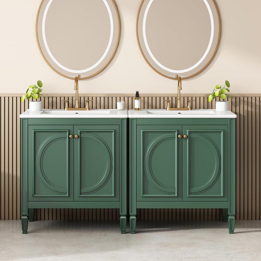 imageChristopher Knight Home Meril Bathroom Vanity Cabinets with Sinks Set of 2 Double Sink Combo Set Bathroom Vanity SoftClose Door with Storage Shelves and Drawers Side Storage Shelves GreenGreen
