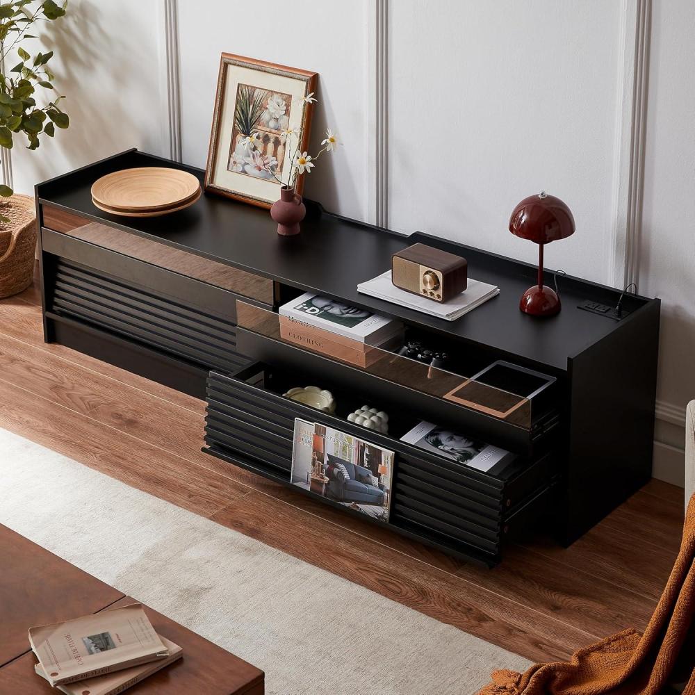 imageChristopher Knight Home Mirod 689quot TV Stand TV Stand with Charge Pots Entertainment Center Console Book Organizer Cabinet Spacious Storage Drawers with LED for Living Room Home Decor BlackBlack