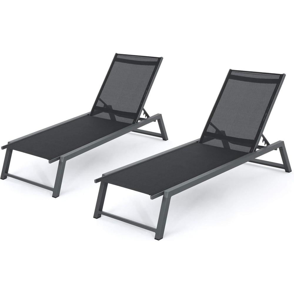 imageChristopher Knight Home Myers Outdoor Mesh Chaise Lounges with Aluminum Frame 2Pcs Set Black Mesh Grey
