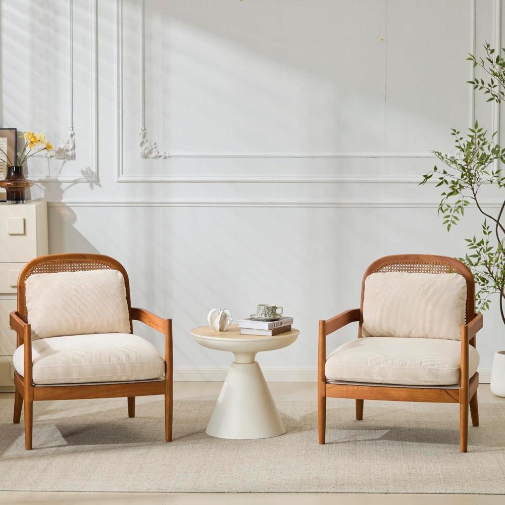 imageChristopher Knight Home Nadine Accent Chairs Set of 2 Wooden Club Chair Rattan Open Back Armchair Accent Reading Sofa Chair with Cushions Club Chairs Set of 2 for Living Room Bedroom BeigeTeakBeigeteak