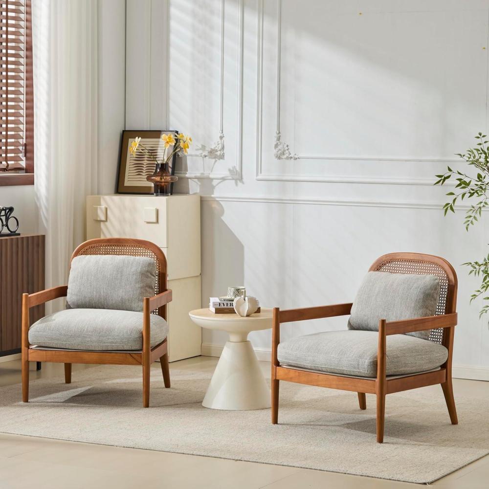 imageChristopher Knight Home Nadine Accent Chairs Set of 2 Wooden Club Chair Rattan Open Back Armchair Accent Reading Sofa Chair with Cushions Club Chairs Set of 2 for Living Room Bedroom BeigeTeakGrayteak
