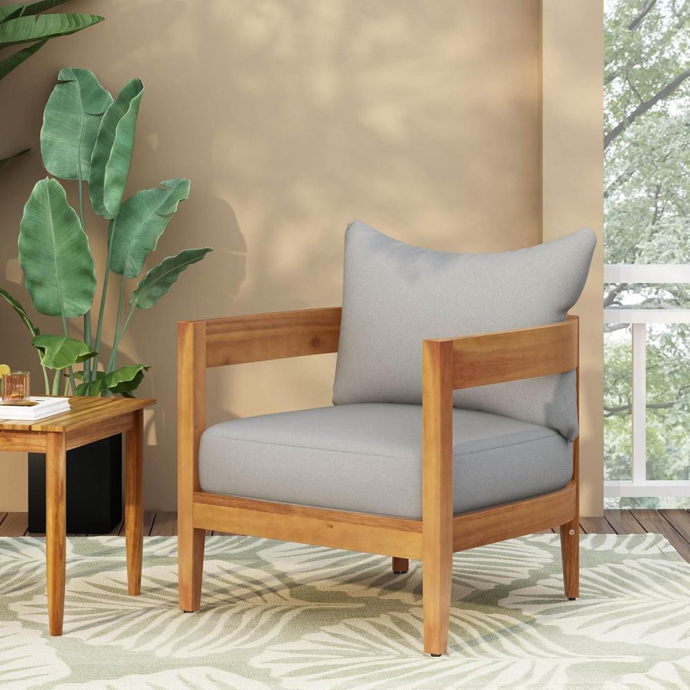 imageChristopher Knight Home Nadine Outdoor Accent Chair Acacia Wood Club Chair Tub Shape Design Armchair Comfort Cushions Seating Slat Open Back Reading Sofa for Balcony Backyard Garden TeakBeigeTeakgray