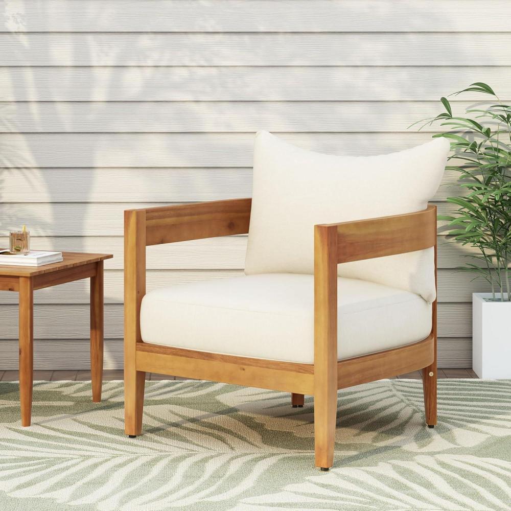 imageChristopher Knight Home Nadine Outdoor Accent Chair Acacia Wood Club Chair Tub Shape Design Armchair Comfort Cushions Seating Slat Open Back Reading Sofa for Balcony Backyard Garden TeakBeigeTeakbeige