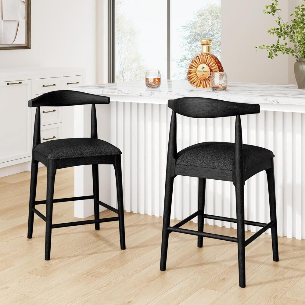 imageChristopher Knight Home Nami 265 Wooden Counter Height Bar Stools Set of 2 Fabric Upholstered Bar Stool with Curved Back Kitchen Counter Stools with Slender Tapered Legs and Footrest BlackBlack