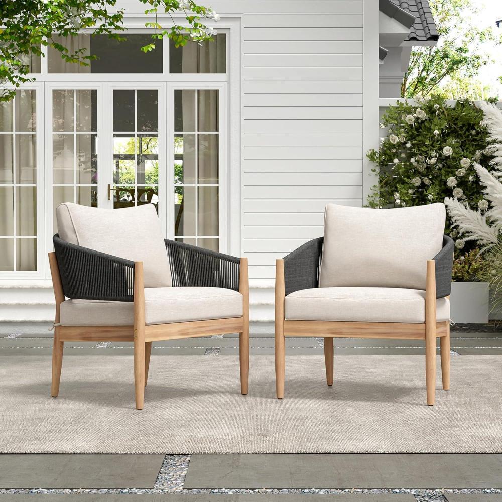 imageChristopher Knight Home Naomi Set of 2 Patio Acacia Wood Club Chair with Cushions Handwoven Rope Lounge Chair Outdoor for PorchBackyard Stylish Garden Seating with Curved Backrest Beige BlackBeige Black