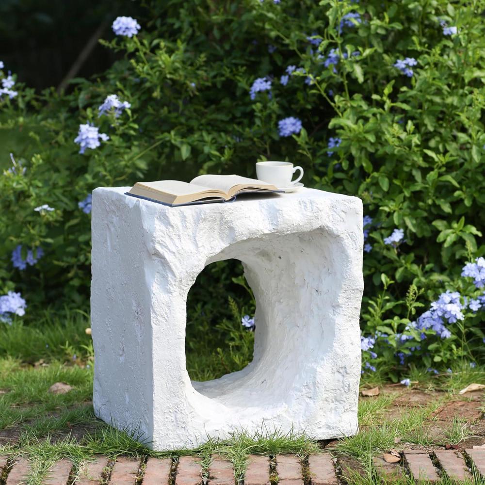 imageChristopher Knight Home Nataly 1875quot H Small Outdoor Side Table Carved Garden Stool with Stone Block Shape Lightweight Concrete End Table Patio Decorative Home Stool for Balcony Backyard WhiteWhiteCubic