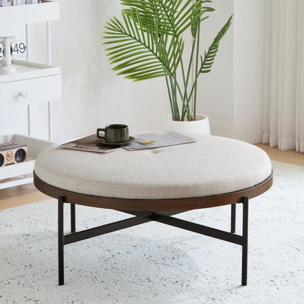 imageChristopher Knight Home Neapo Faux Leather Round Ottoman Cocktail Ottoman Upholstery Coffee Table Comfortable Footstool Durable Metal Frame Spacious Seating for Living Room Entryway BrownBlackBeigeblack