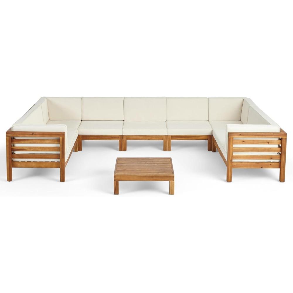 imageChristopher Knight Home Oana Outdoor Acacia Wood 9 Seater Sectional Sofa Chat Set with Cushions 28 quotW x 3025 quotD x 265 quotH Teak Beige