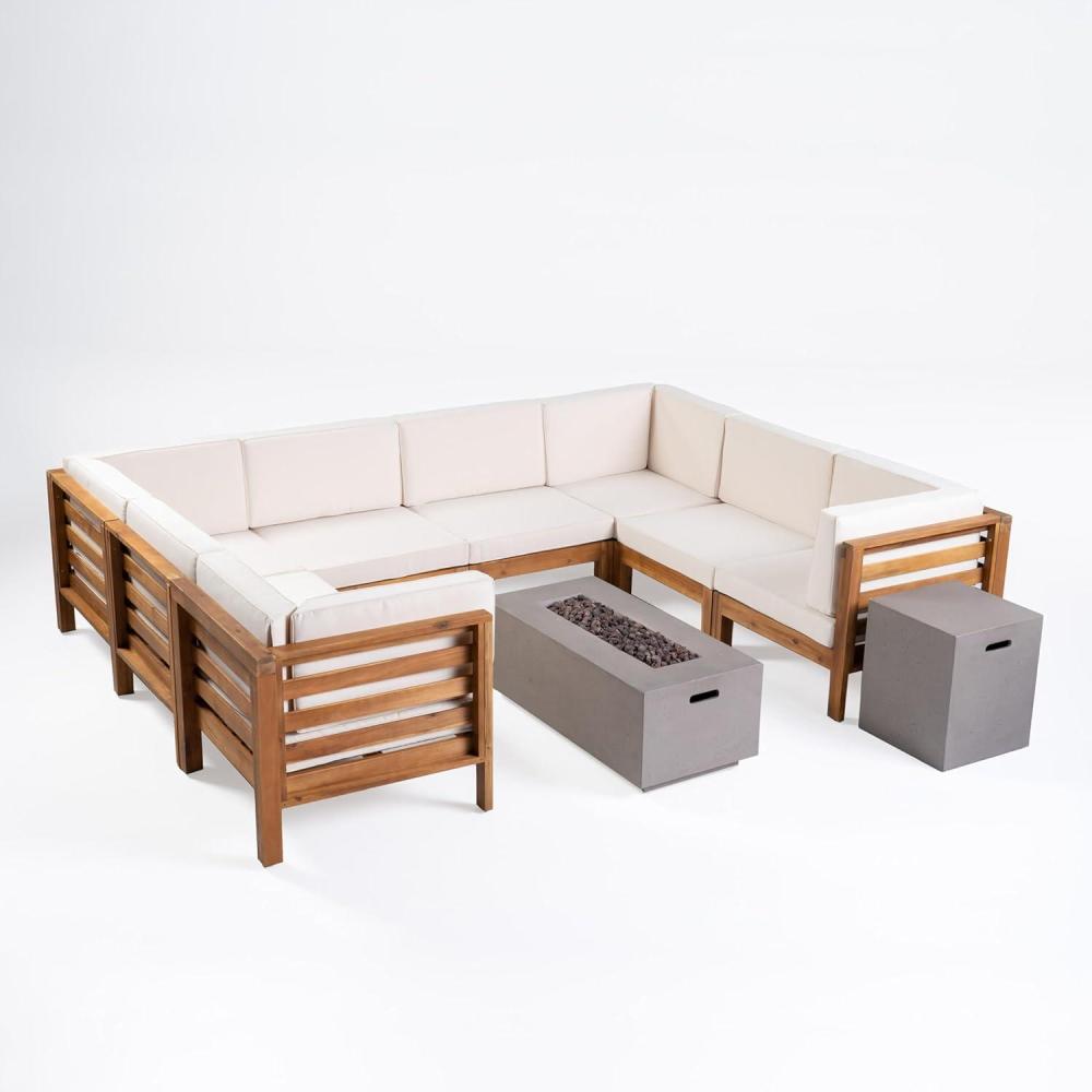 imageChristopher Knight Home Oana Outdoor UShaped 8 Seater Acacia Wood Sectional Sofa Set with Fire Pit 28 quotW x 3025 quotD x 265 quotH Teak Beige Light Gray