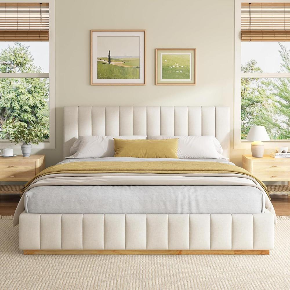 imageChristopher Knight Home Oliver Fabric Upholstered Queen Size Bed Frame with Headboard Modern Queen Bed Frame and Headboard Wooden Slats Support Easy Assembly No Box Spring Needed BeigeKing US Standard