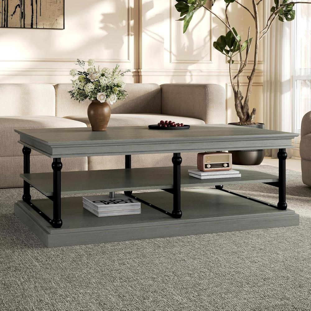 imageChristopher Knight Home Oner Living Room Coffee Table with Spacious 2Tier Design Modern Rubberwood Rectangular Side Table Multifunctional Accent Table with Open Storage Shelves Black  Gray