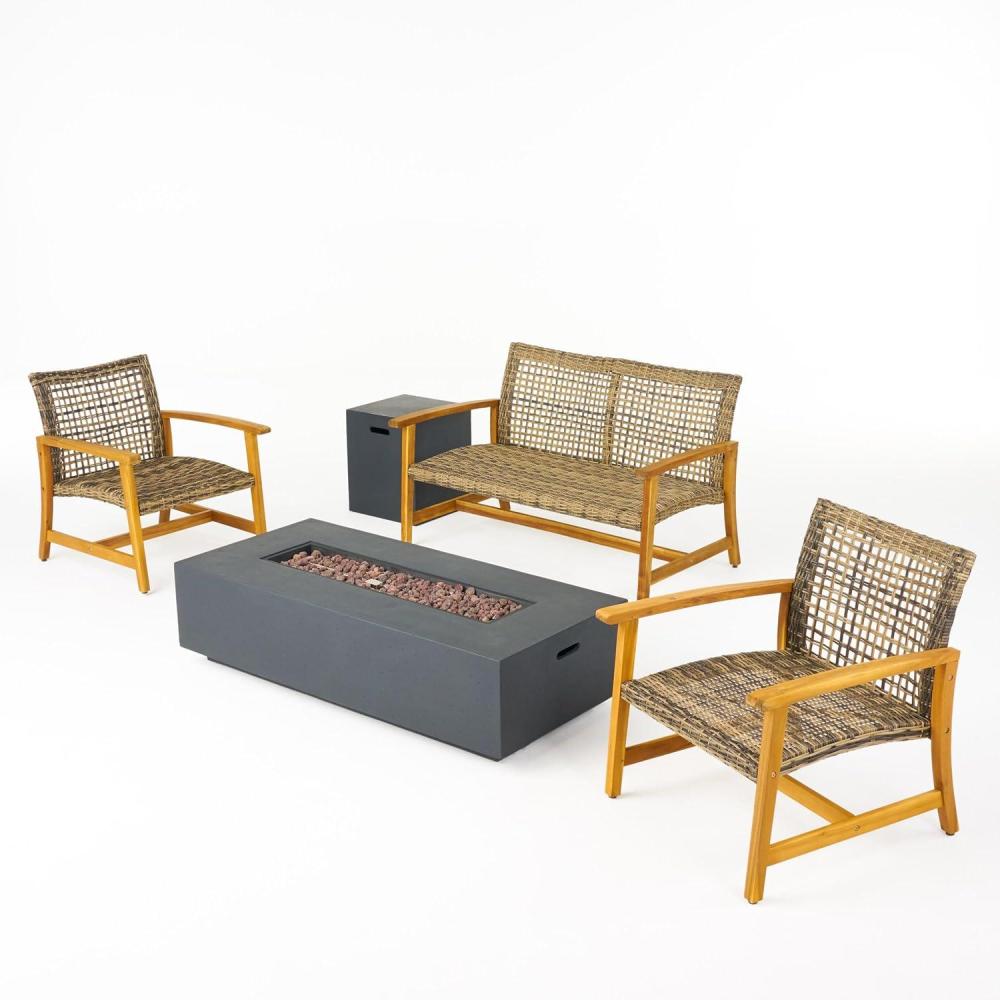 imageChristopher Knight Home Outdoor 5 Piece Acacia Wood and Wicker Conversation Set with Fire Pit Gray and Dark Gray