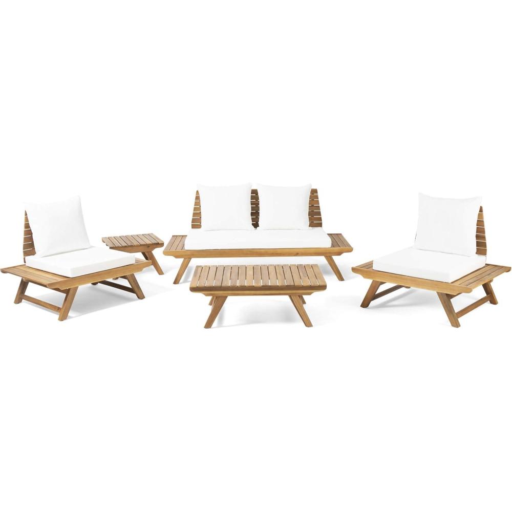 imageChristopher Knight Home Outdoor Acacia Wood 4 Seater Chat Set with Side Table and Coffee Table Teak and White
