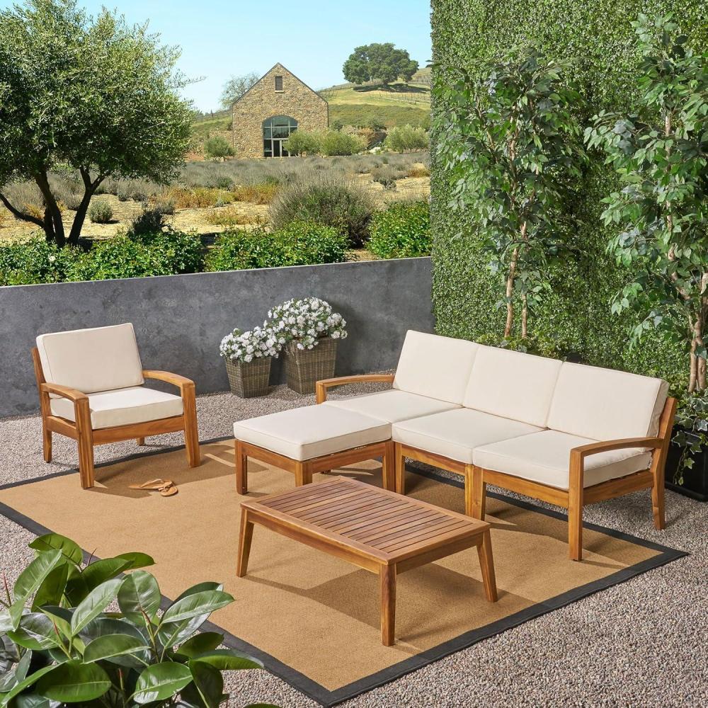 imageChristopher Knight Home Outdoor Acacia Wood 4Seater Sectional Conversation Set with Ottoman and Coffee Table Teak Finish and Beige Cushions