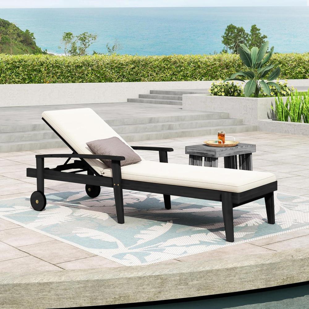 imageChristopher Knight Home Outdoor Chaise Lounge Acacia Wood Adjustable Chaise Lounge 5Position Backrest Recliner Soft Cushion Lounge Flat Tanning Chair with wheel for Backyard Balcony Black White